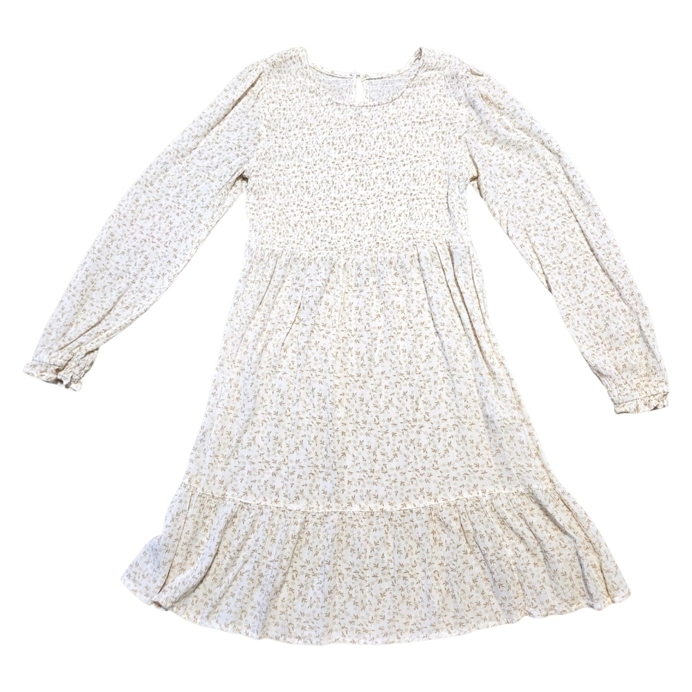 Boho Floral Smocked Mini Dress Beige Prairie Core Ruffle Hem XS Long Sleeve